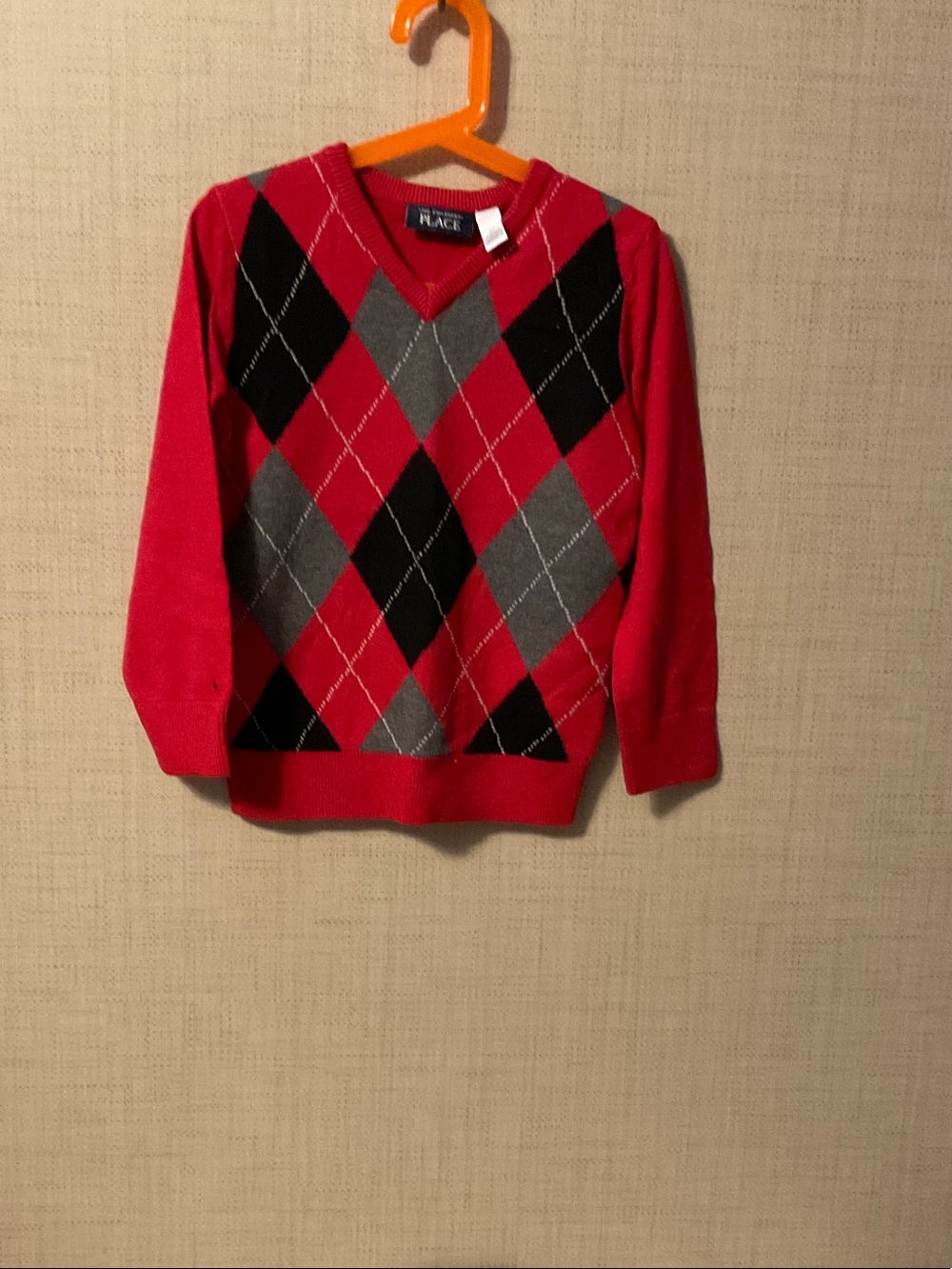 Zara Red Argyle V-Neck Sweater with Gray & Black Diamonds
